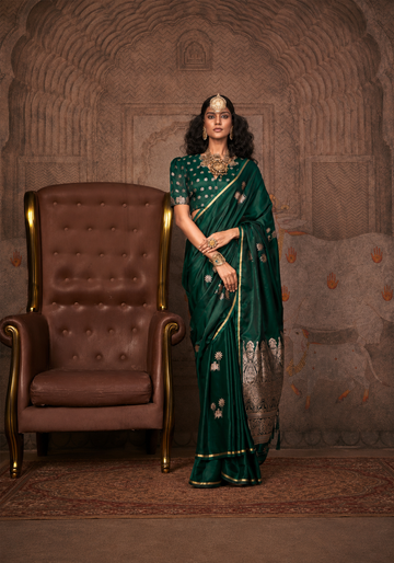 Mahveen | Imperial Emerald Banarasi Satin Silk Zari Weaved Saree | Banarasii