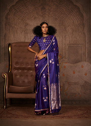 Mahveen | Royal Amethyst Banarasi Satin Silk Zari Weaved Saree | Banarasii