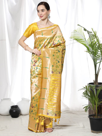 Rawayat | Sunlit Gold Pure Banarasi Silk Paithani Rich Zari Weaved Saree | Banarasii