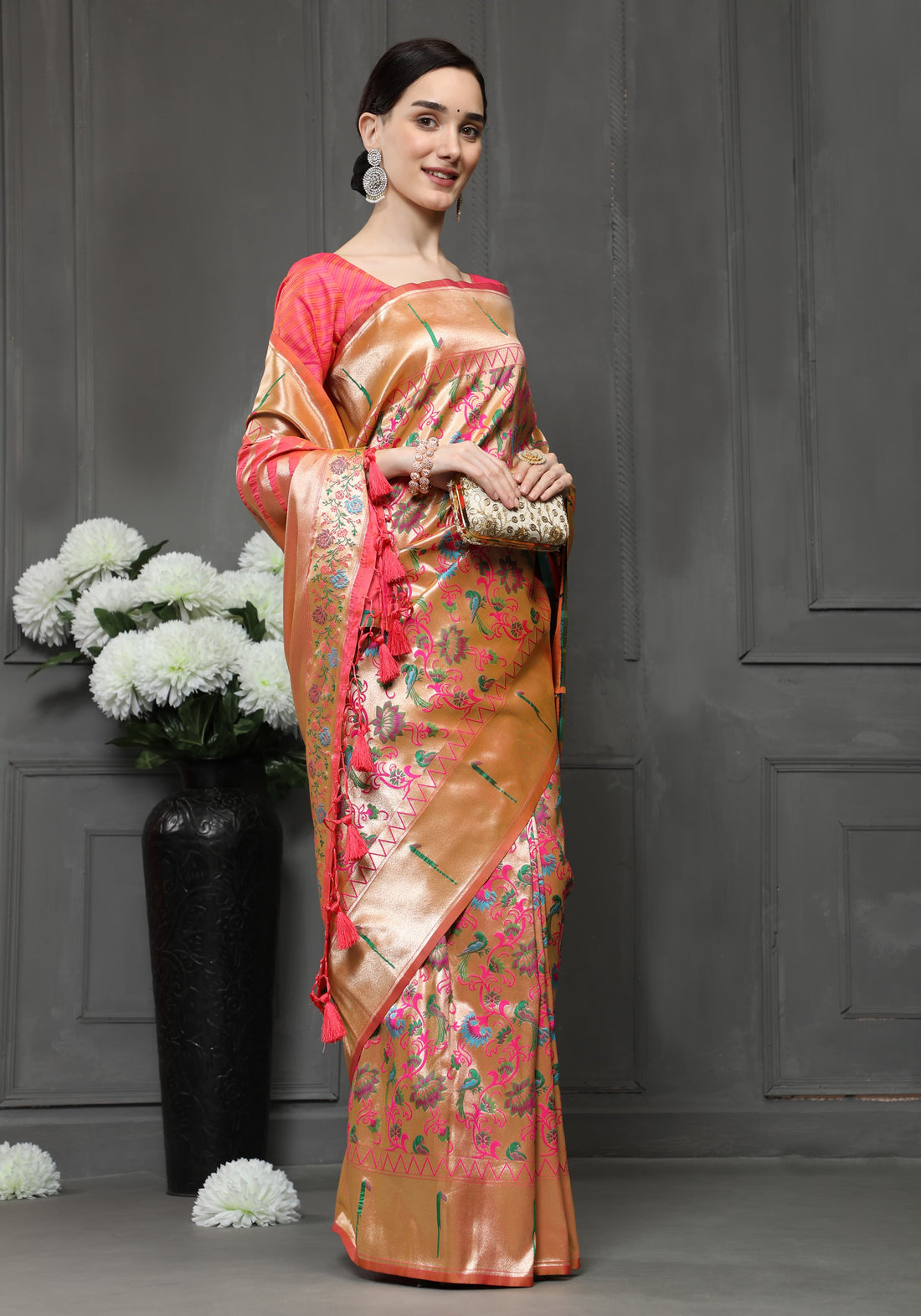 Rawayat | Coral Blush Gold Pure Banarasi Silk Paithani Rich Zari Weaved Saree | Banarasii