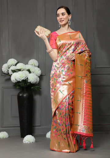 Rawayat | Coral Blush Gold Pure Banarasi Silk Paithani Rich Zari Weaved Saree | Banarasii