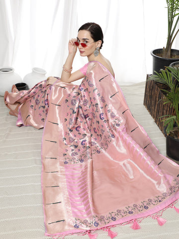 Rawayat | Blush Rose Gold Pure Banarasi Silk Paithani Rich Zari Weaved Saree | Banarasii