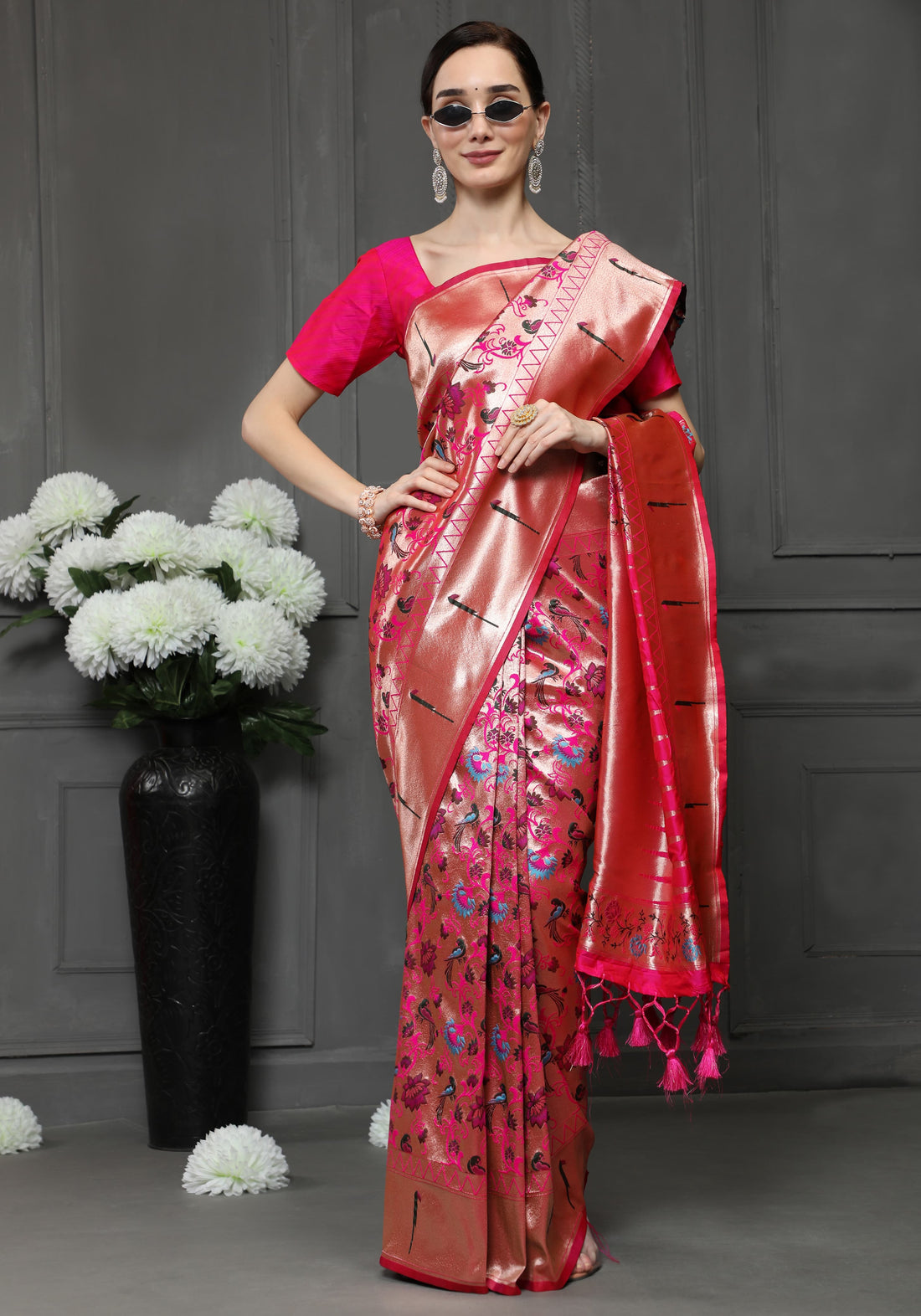 Rawayat | Rose Copper Pure Banarasi Silk Paithani Rich Zari Weaved Saree | Banarasii