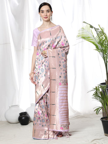 Rawayat | Lilac Champagne Pure Banarasi Silk Paithani Rich Zari Weaved Saree | Banarasii