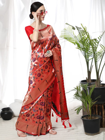 Rawayat | Scarlet Copper Pure Banarasi Silk Paithani Rich Zari Weaved Saree | Banarasii
