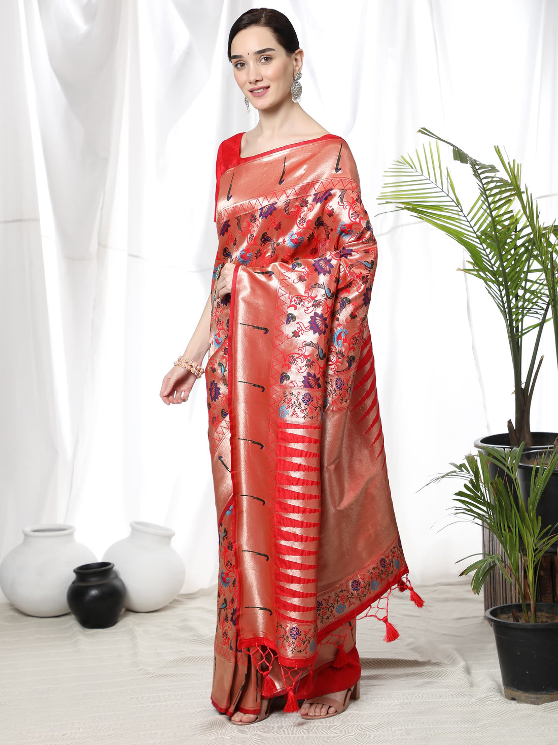 Rawayat | Scarlet Copper Pure Banarasi Silk Paithani Rich Zari Weaved Saree | Banarasii