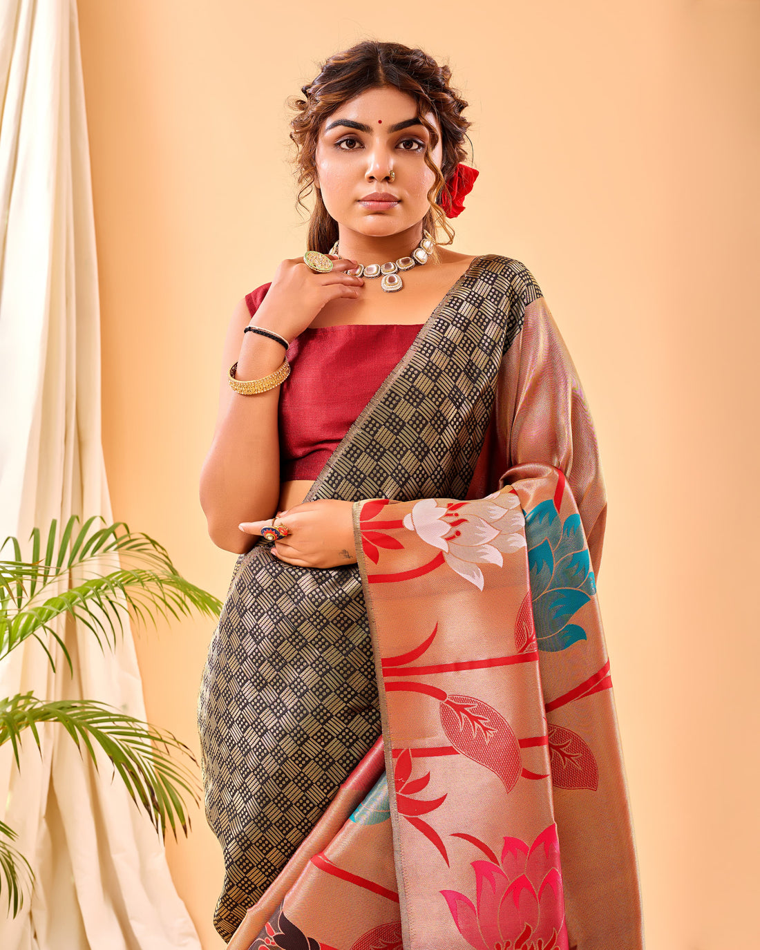 Gulistan | Charcoal Olive Gold Banarasi Silk Rich Zari Weaved Saree | Banarasii