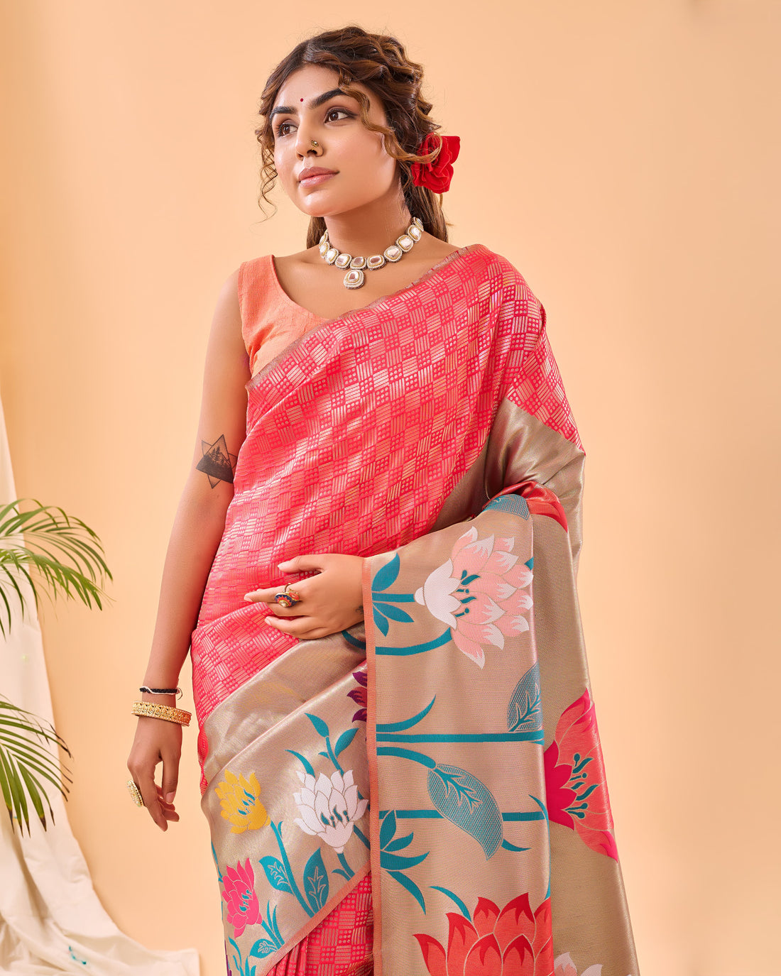 Gulistan | Coral Champagne Banarasi Silk Rich Zari Weaved Saree | Banarasii