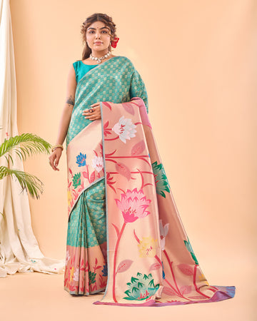 Gulistan | Turquoise Champagne Banarasi Silk Rich Zari Weaved Saree | Banarasii