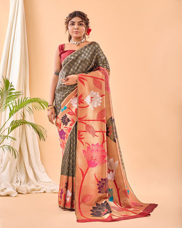 Gulistan | Charcoal Olive Gold Banarasi Silk Rich Zari Weaved Saree | Banarasii