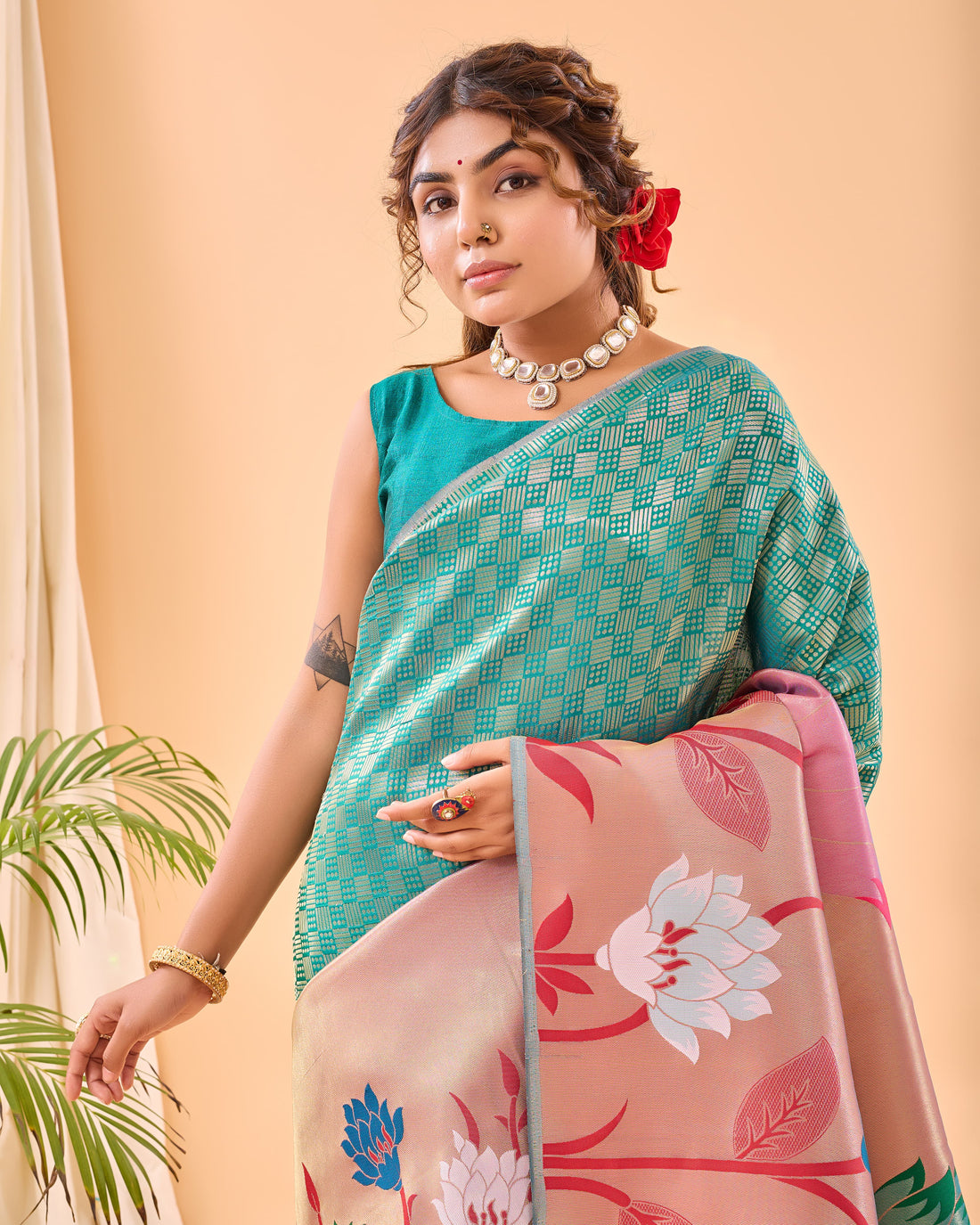 Gulistan | Turquoise Champagne Banarasi Silk Rich Zari Weaved Saree | Banarasii
