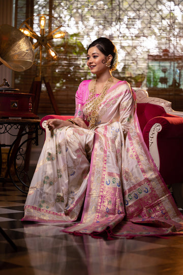 Roshanara | Pearl Ivory & Rani Pink Banarasi Silk Rich Zari Weaved Saree | Banarasii