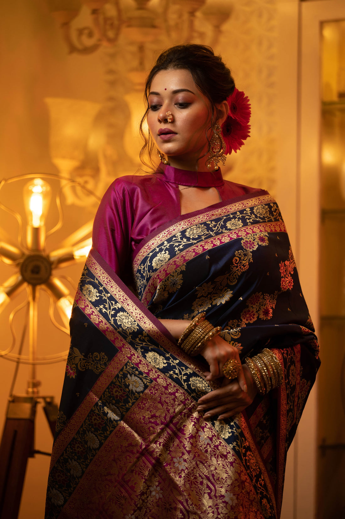 Roshanara | Imperial Midnight Blue Banarasi Silk Rich Zari Weaved Saree | Banarasii
