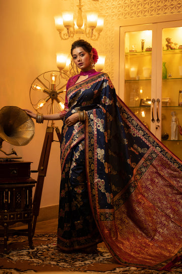 Roshanara | Imperial Midnight Blue Banarasi Silk Rich Zari Weaved Saree | Banarasii
