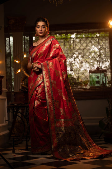 Roshanara | Imperial Ruby Banarasi Silk Rich Zari Weaved Saree | Banarasii