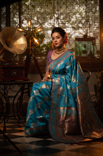 Roshanara | Persian Turquoise Banarasi Silk Rich Zari Weaved Saree | Banarasii