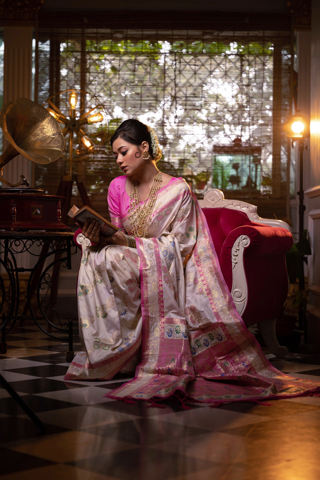 Roshanara | Pearl Ivory & Rani Pink Banarasi Silk Rich Zari Weaved Saree | Banarasii