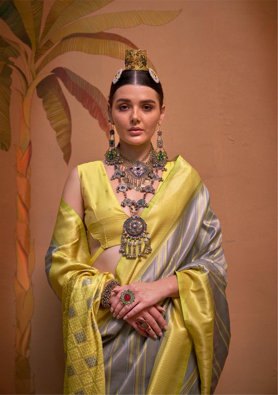 Roshni | Lime Zest & Silver Mist Banarasi Silk Zari Weaved Saree | Banarasii