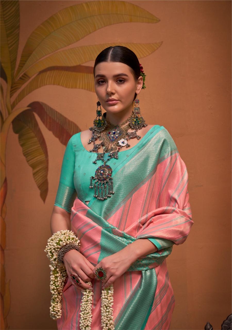 Roshni | Caribbean Teal & Blush Rose Banarasi Silk Zari Weaved Saree | Banarasii