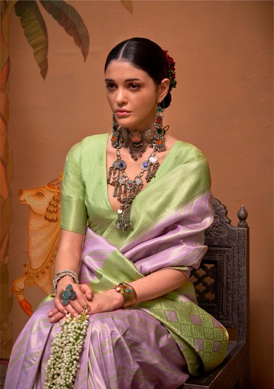 Roshni | Lavender Mist & Pistachio Green Banarasi Silk Zari Weaved Saree | Banarasii