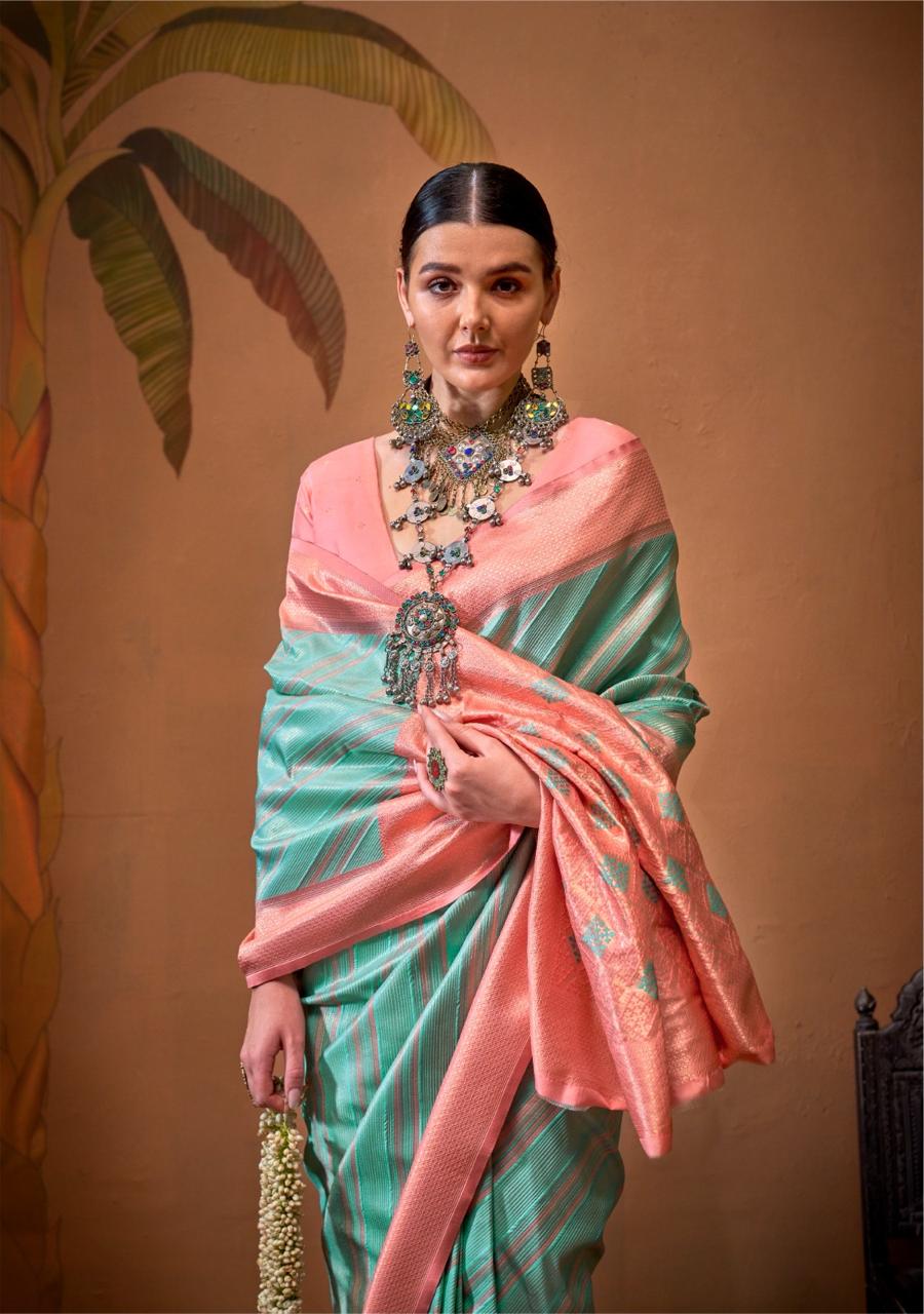 Roshni | Seafoam Mint & Blush Rose Banarasi Silk Zari Weaved Saree | Banarasii