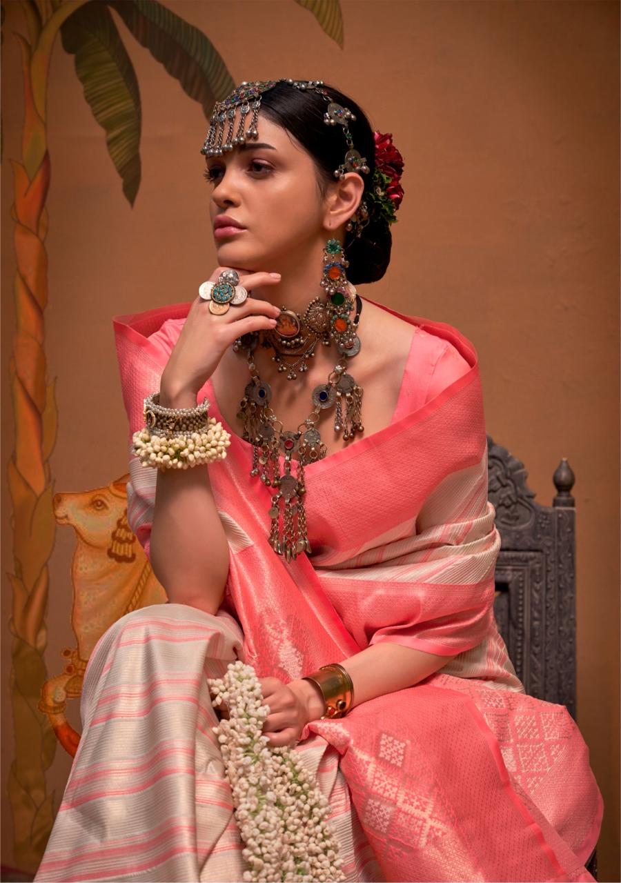 Roshni | Flamingo Pink & Pearl Ivory Banarasi Silk Zari Weaved Saree | Banarasii