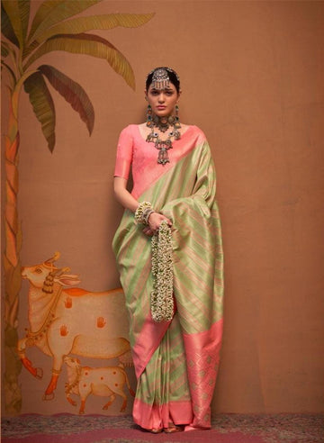 Roshni | Pistachio Green & Candy Pink Banarasi Silk Zari Weaved Saree | Banarasii