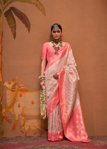 Roshni | Flamingo Pink & Pearl Ivory Banarasi Silk Zari Weaved Saree | Banarasii
