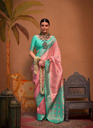 Roshni | Caribbean Teal & Blush Rose Banarasi Silk Zari Weaved Saree | Banarasii