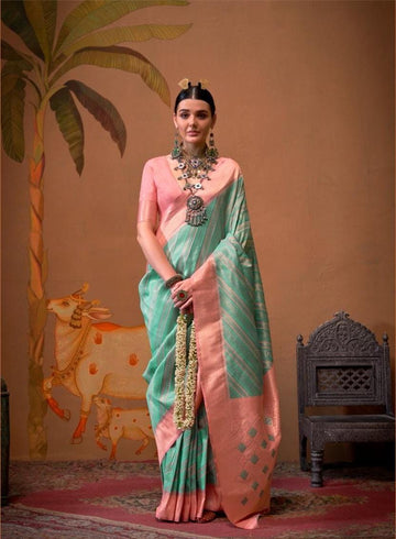 Roshni | Seafoam Mint & Blush Rose Banarasi Silk Zari Weaved Saree | Banarasii