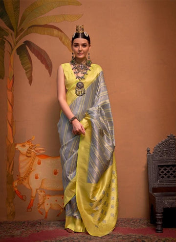 Roshni | Lime Zest & Silver Mist Banarasi Silk Zari Weaved Saree | Banarasii
