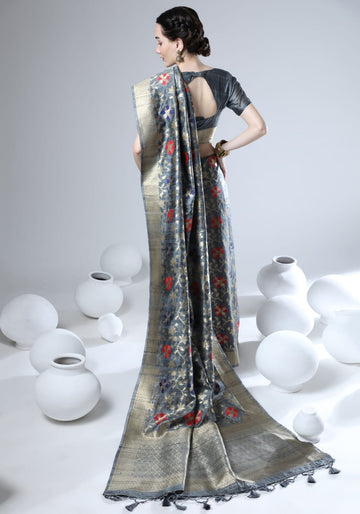 Sumbul | Steel Grey Banarasi Silk Zari Weaved Saree | Banarasii