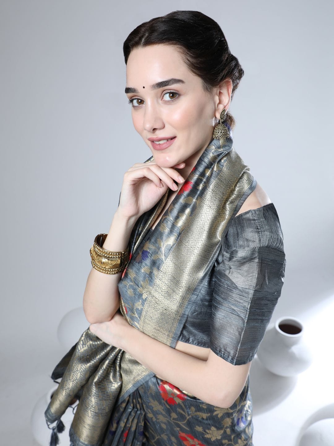Sumbul | Steel Grey Banarasi Silk Zari Weaved Saree | Banarasii