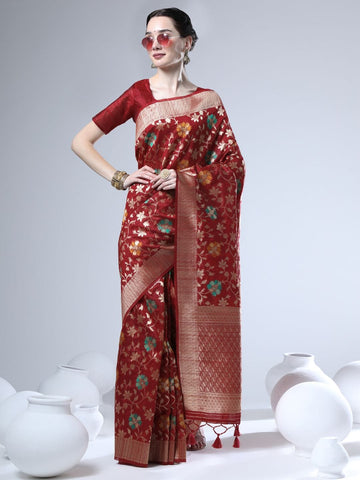 Sumbul | Royal Ruby Red Banarasi Silk Zari Weaved Saree | Banarasii