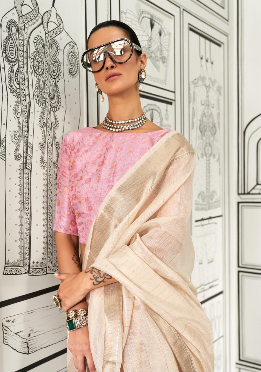 Rimsha | Champagne Ivory Chiffon Silk Zari Weaved Saree | Banarasii