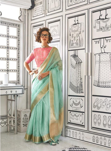 Rimsha | Aqua Mint Chiffon Silk Zari Weaved Saree | Banarasii