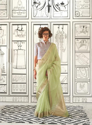 Rimsha | Pistachio Mist Chiffon Silk Zari Weaved Saree | Banarasii