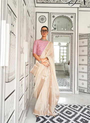 Rimsha | Champagne Ivory Chiffon Silk Zari Weaved Saree | Banarasii