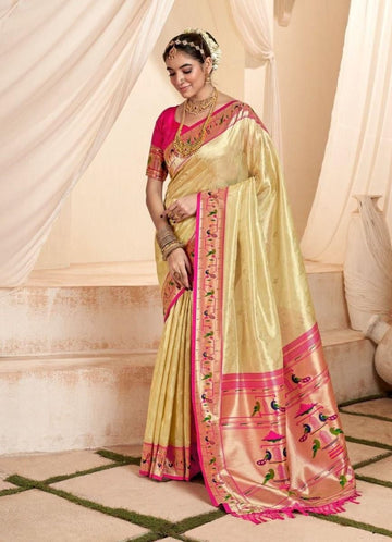 Mahgul | Royal Ivory Gold Banarasi Tissue Paithani Silk Zari Weaved | Banarasii