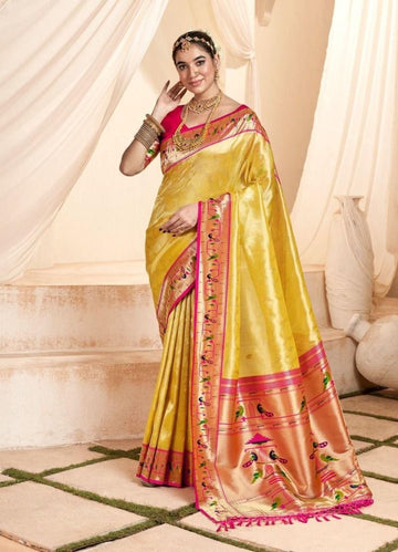 Mahgul | Imperial Gold Banarasi Tissue Paithani Silk Zari Weaved | Banarasii