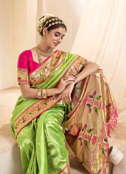 Mahgul | Celadon Green Banarasi Tissue Paithani Silk Zari Weaved | Banarasii