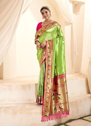Mahgul | Celadon Green Banarasi Tissue Paithani Silk Zari Weaved | Banarasii