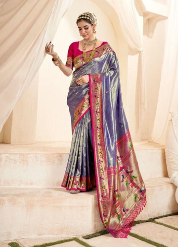 Mahgul | Moonstone Blue Banarasi Tissue Paithani Silk Zari Weaved | Banarasii