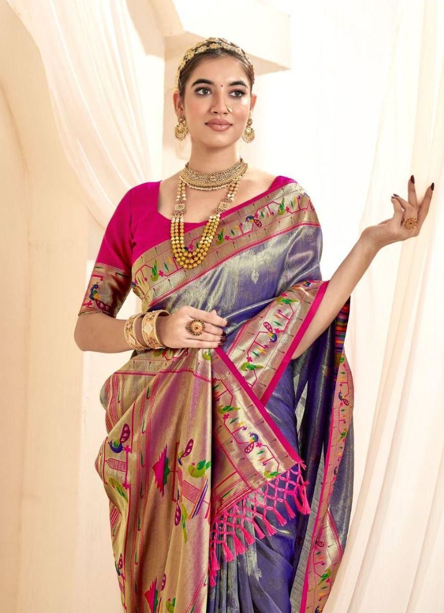 Mahgul | Moonstone Blue Banarasi Tissue Paithani Silk Zari Weaved | Banarasii