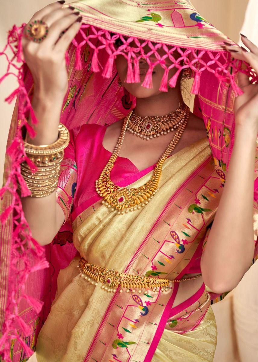 Mahgul | Royal Ivory Gold Banarasi Tissue Paithani Silk Zari Weaved | Banarasii