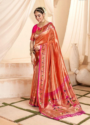 Mahgul | Burnished Rose Gold Banarasi Tissue Paithani Silk Zari Weaved | Banarasii