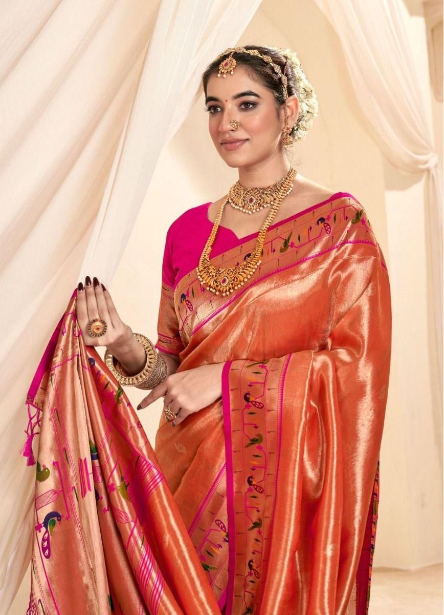 Mahgul | Burnished Rose Gold Banarasi Tissue Paithani Silk Zari Weaved | Banarasii
