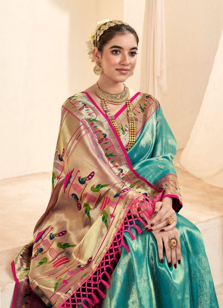 Mahgul | Aqua Celeste Banarasi Tissue Paithani Silk Zari Weaved | Banarasii