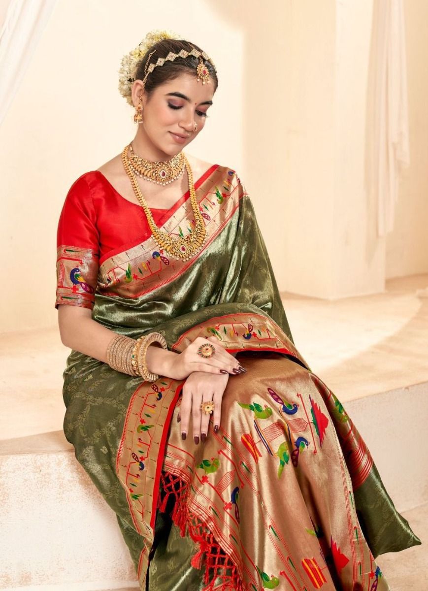 Mahgul | Olive Imperial Banarasi Tissue Paithani Silk Zari Weaved | Banarasii