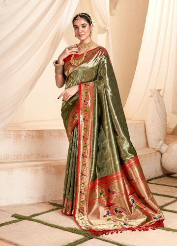 Mahgul | Olive Imperial Banarasi Tissue Paithani Silk Zari Weaved | Banarasii